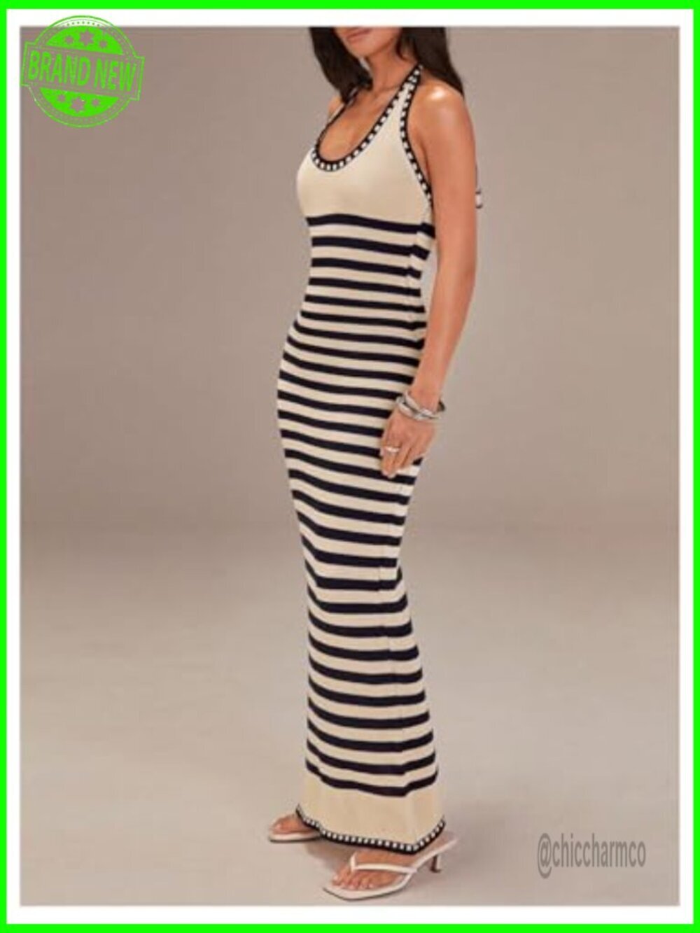 Striped Halter Knitted Maxi Bodycon Dress Sleeveless Summer - Picture 2 of 5